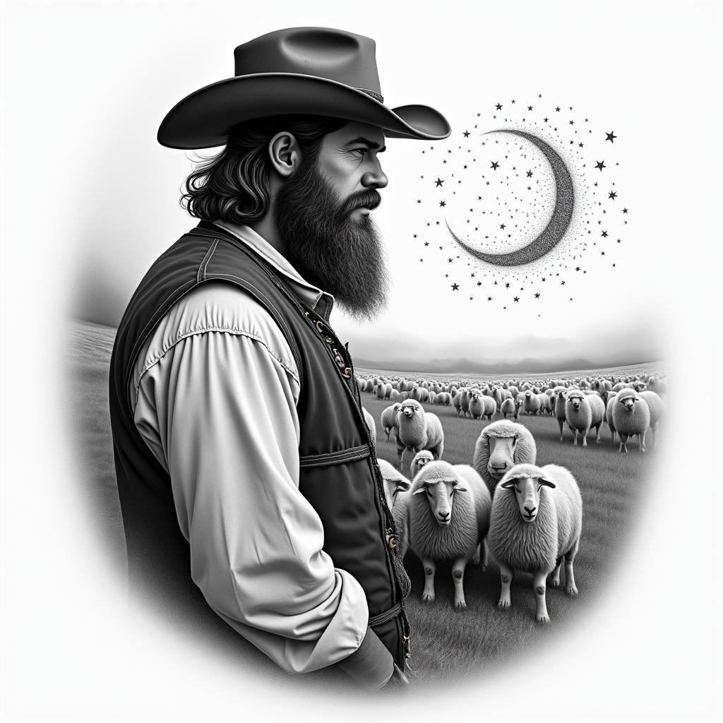 A shepherd in traditional German clothing and with a beard on the left side in the foreground, next to a grazing flock of sheep in the background and the constellation Leo in the sky.in portrait tattoo style, featuring a highly realistic and detailed depiction  - Variation 4