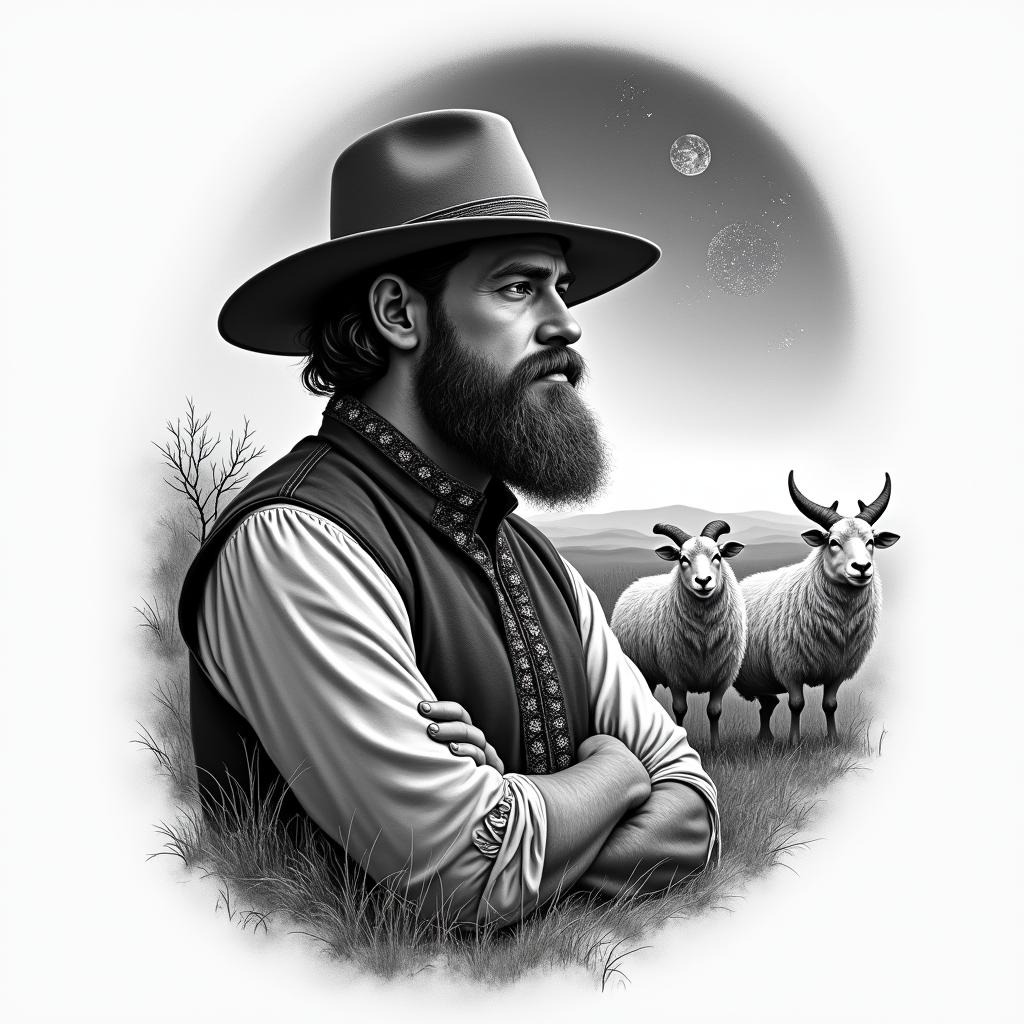 A shepherd in traditional German clothing and with a beard on the left side in the foreground, next to a grazing flock of sheep in the background and the constellation Leo in the sky.in portrait tattoo style, featuring a highly realistic and detailed depiction