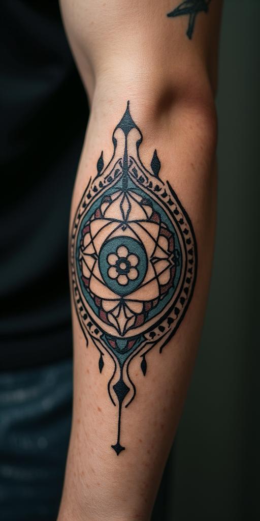 Leonin spiritual symbols tattoo style, featuring an intricate design incorporating elements, Hamsa hand, third eye, minimalist composition - Variation 4