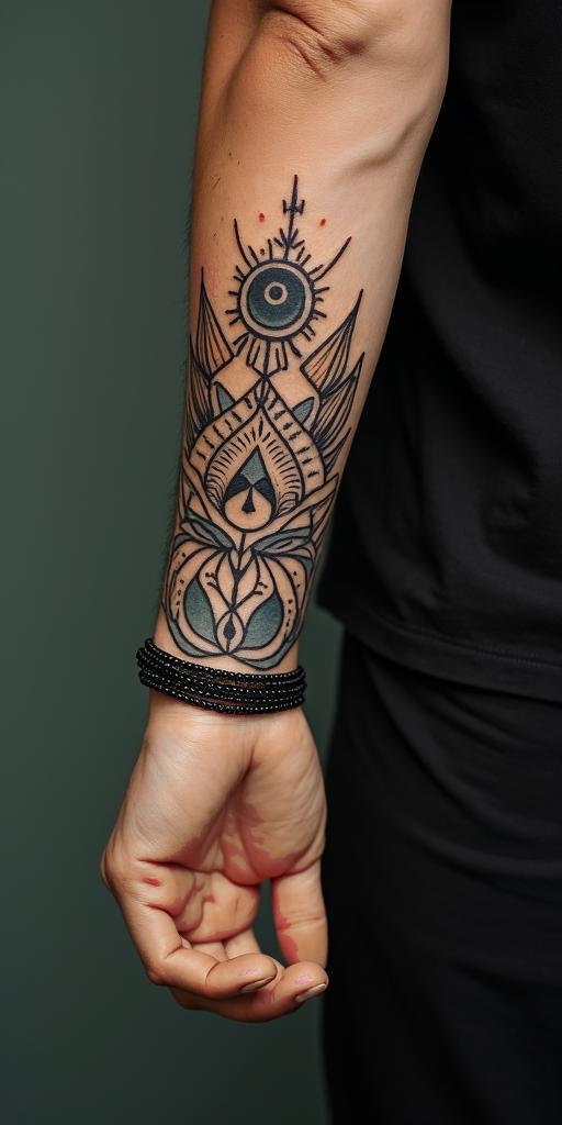 Leonin spiritual symbols tattoo style, featuring an intricate design incorporating elements, Hamsa hand, third eye, minimalist composition - Variation 3