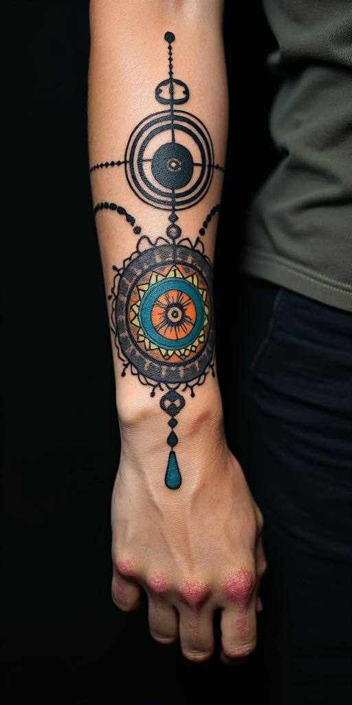 Leonin spiritual symbols tattoo style, featuring an intricate design incorporating elements, Hamsa hand, third eye, minimalist composition