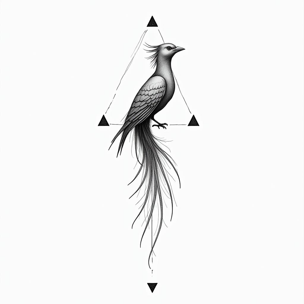 Fine lines, important dates, Phoenixin minimalist style tattoo, featuring simple shapes and fine lines, with minimal shading and details, tiny triangles, creating a sense of balance and harmony - Variation 3