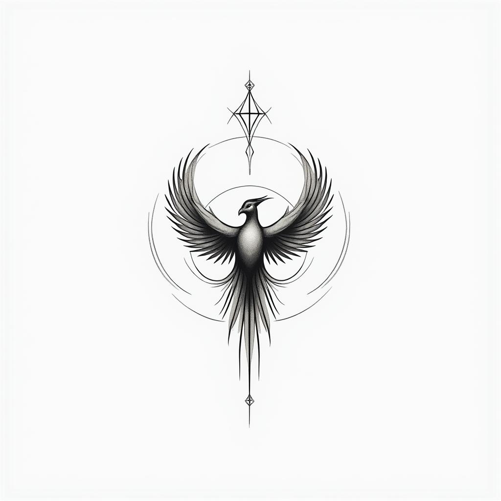 Fine lines, important dates, Phoenixin minimalist style tattoo, featuring simple shapes and fine lines, with minimal shading and details, tiny triangles, creating a sense of balance and harmony - Variation 2