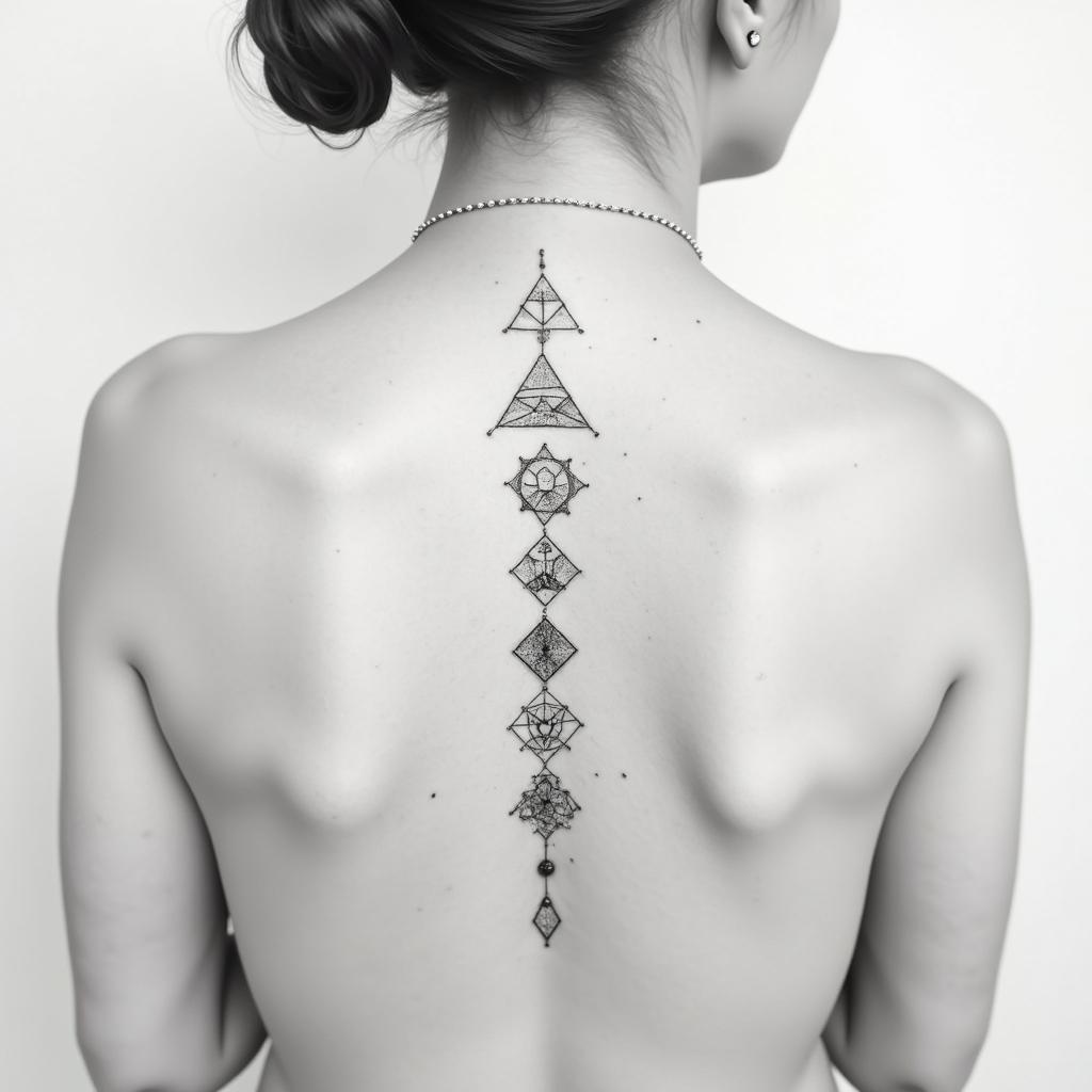 I want dainty tattoos to put on my back. I am an aquarius but want a variety of ideasin minimalist style tattoo, featuring simple shapes and fine lines, with minimal shading and details, tiny triangles, creating a sense of balance and harmony - Variation 3