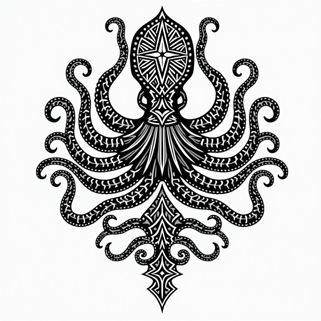 Tribal octopus, compass rose, Mayan godsin tribal tattoo style, featuring bold and black geometric shapes, curved lines, intertwine and flow seamlessly, creating a powerful and symbolic design, polynesian and maori styles - Variation 7