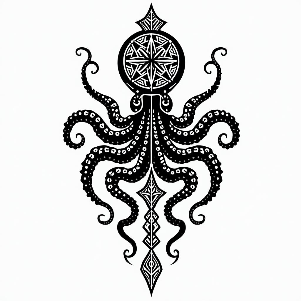 Tribal octopus, compass rose, Mayan godsin tribal tattoo style, featuring bold and black geometric shapes, curved lines, intertwine and flow seamlessly, creating a powerful and symbolic design, polynesian and maori styles - Variation 8