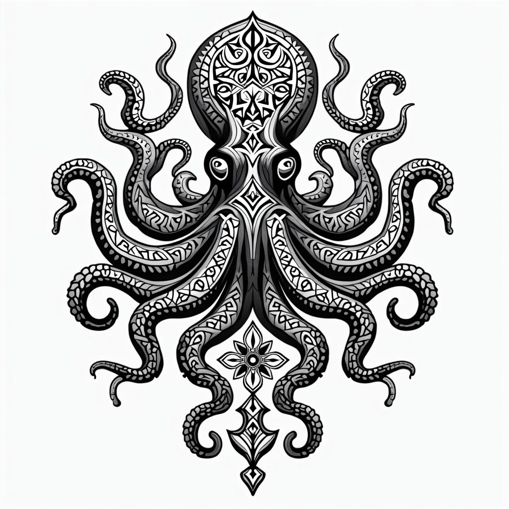 Tribal octopus, compass rose, Mayan godsin tribal tattoo style, featuring bold and black geometric shapes, curved lines, intertwine and flow seamlessly, creating a powerful and symbolic design, polynesian and maori styles - Variation 5