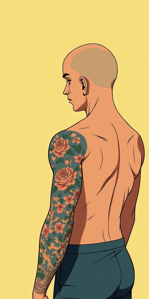 LeonGhibli, Studio Ghibli aesthetic, hand-drawn anime style, retro nostalgic atmosphere, retro soft pastel color palette with earthy tones, retro Japanese cinematic shot, yellow tint effect, bald character, smooth surface, anime shadow 90's anime style