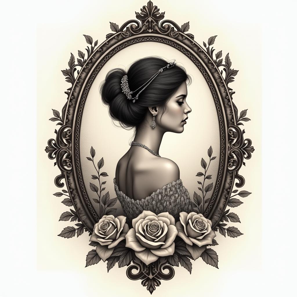 Cristian, Aries, Venezuelain victorian style tattoo, featuring vintage and elegant elements, ornate frames, roses, antique, sepia-toned color scheme