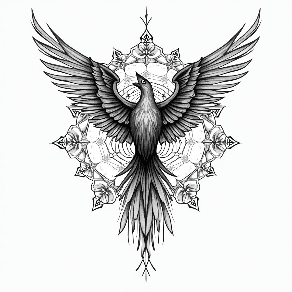 Fine lines, important dates, Phoenix in geometric style tattoo, blending hexagons, mandala-inspired patterns, symmetrical and fractal design, clean lines, sharp angles - Variation 2