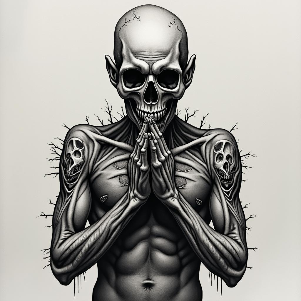 Demonic praying hands in horror tattoo style, showcasing haunting and unsettling, dark and gritty textures with skulls, eerie faces, jgged designs, bold and intense shading - Variation 2