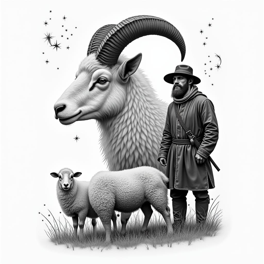 A ram with curled horns in profile in the foreground on the left side. In the background, a shepherd in traditional German clothing and a grazing sheep herd. In the sky, stars with the constellation Leo.in portrait tattoo style, featuring a highly realistic and detailed depiction - Variation 2