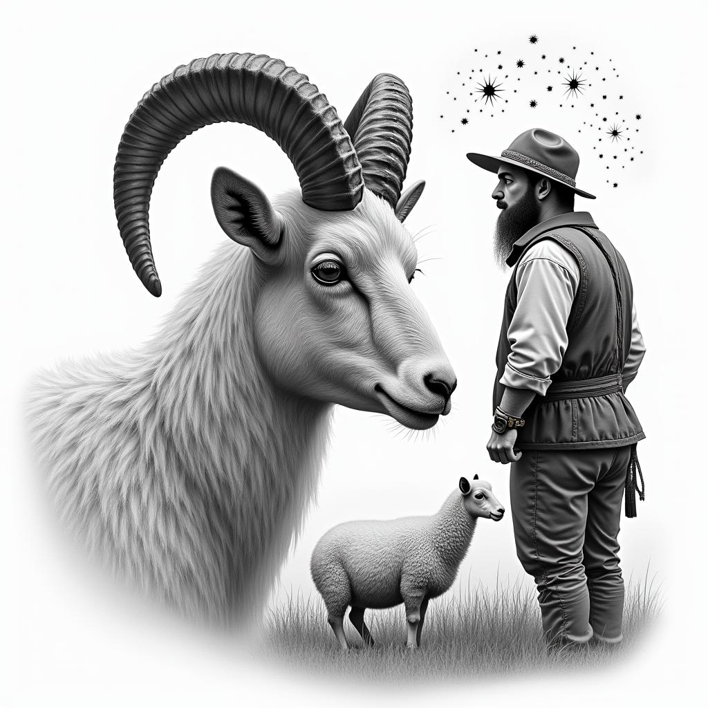 A ram with curled horns in profile in the foreground on the left side. In the background, a shepherd in traditional German clothing and a grazing sheep herd. In the sky, stars with the constellation Leo.in portrait tattoo style, featuring a highly realistic and detailed depiction - Variation 4