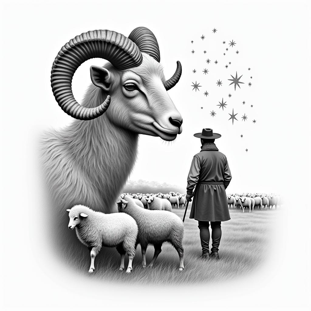 A ram with curled horns in profile in the foreground on the left side. In the background, a shepherd in traditional German clothing and a grazing sheep herd. In the sky, stars with the constellation Leo.in portrait tattoo style, featuring a highly realistic and detailed depiction - Variation 3