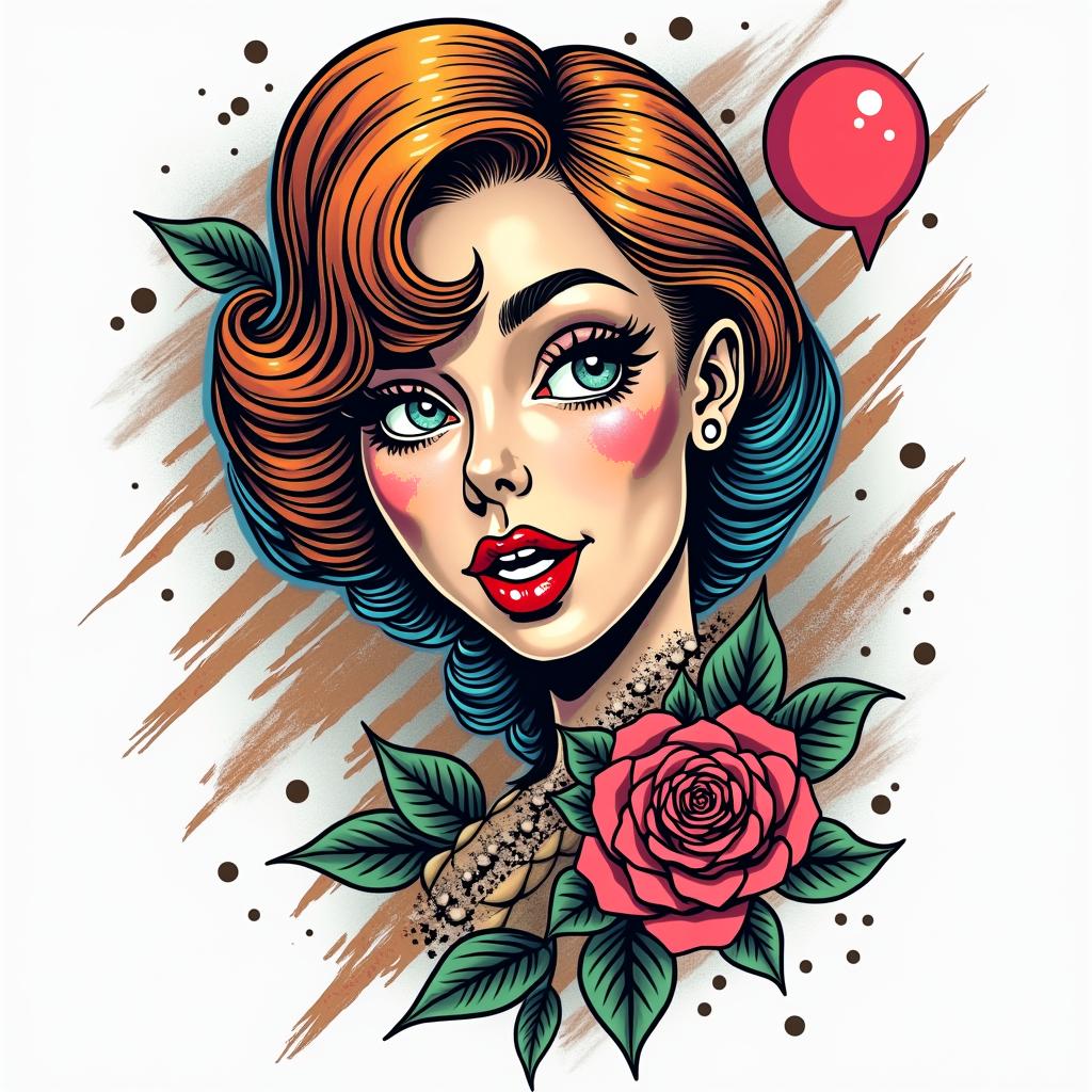 Edalmagain pop art style tattoo, featuring bold and vibrant colors, exaggerated outlines, iconic imagery, inspired by comic books and speech bubbles, comic book characters, retro pop culture - Variation 2