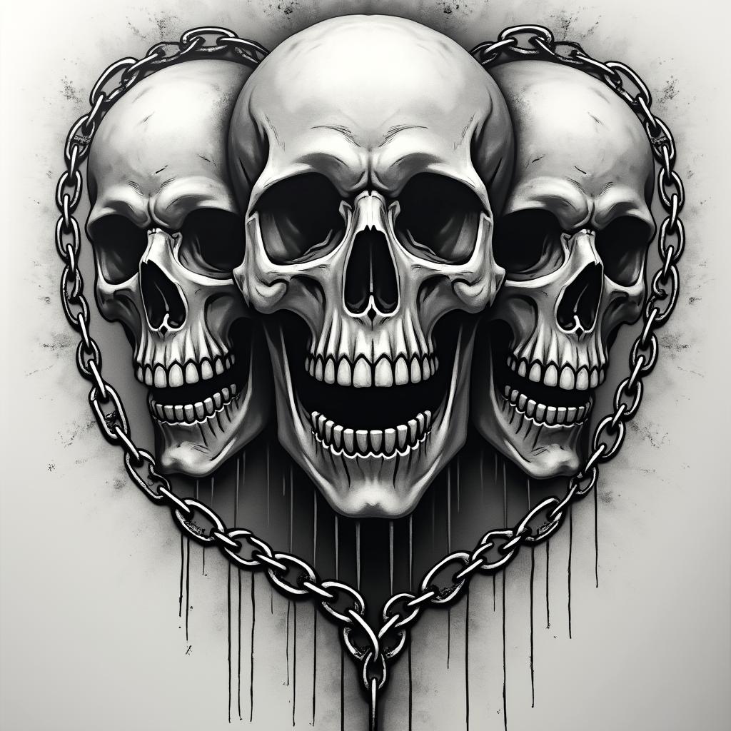 Skulls with chains in horror tattoo style, showcasing haunting and unsettling, dark and gritty textures with skulls, eerie faces, jgged designs, bold and intense shading - Variation 3