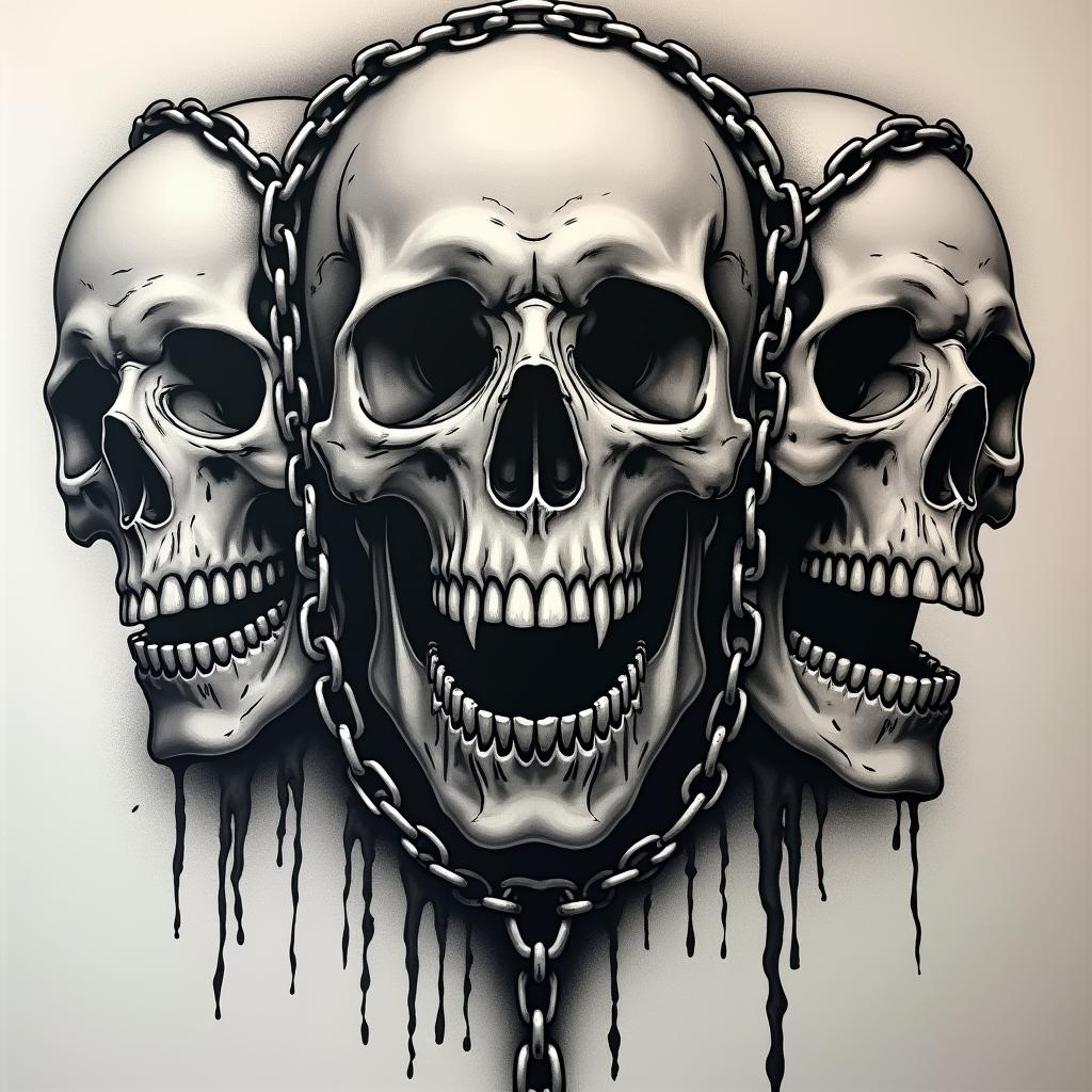 Skulls with chains in horror tattoo style, showcasing haunting and unsettling, dark and gritty textures with skulls, eerie faces, jgged designs, bold and intense shading