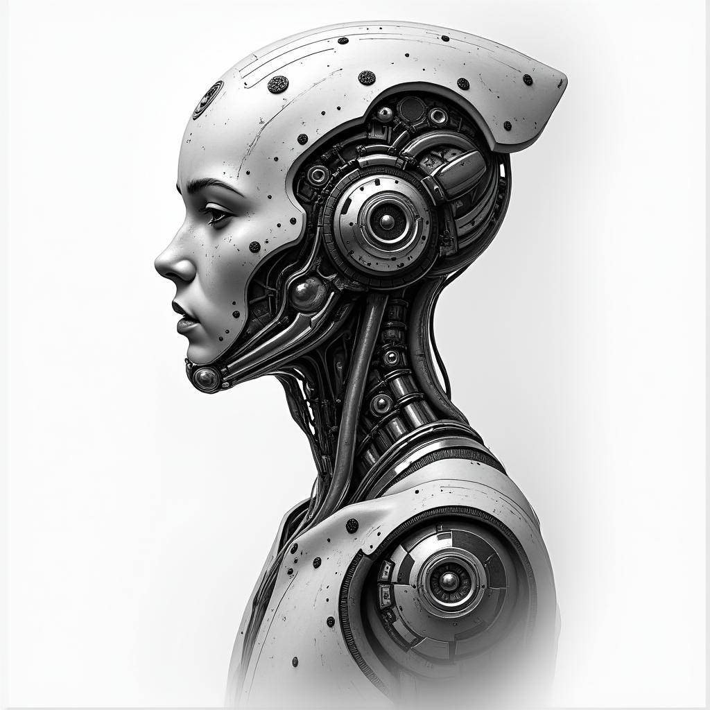 Black Word, travels, warrior, Godtattoo in biomechanic style, the tattoo covered by robotic elements of futuristic cyberpunk design, robotic features detail, showcasing intricate mechanical components