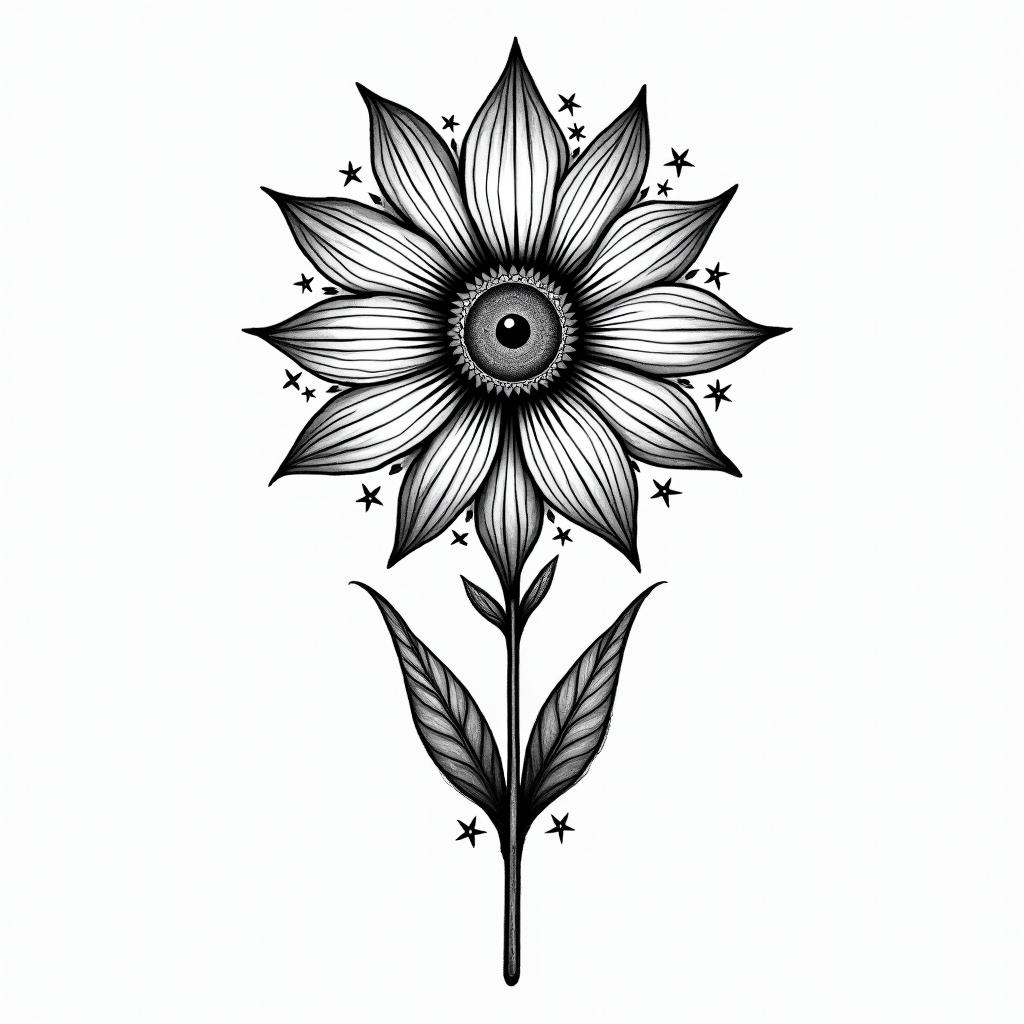 Graphic flowerin prophecy tattoo style, featuring mystical symbols, celestial imagery like stars, moons, suns, geometric patterns, foretelling elements, an eye of wisdom - Variation 8