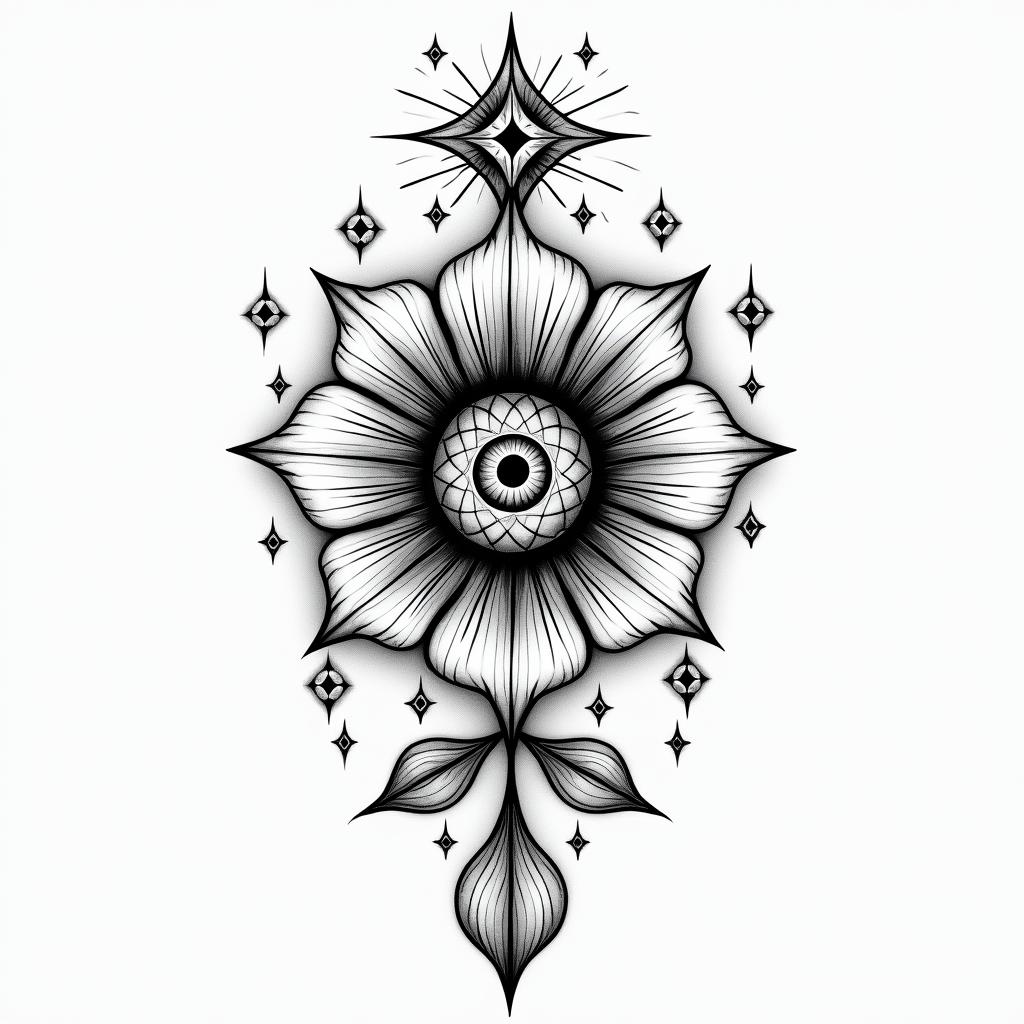 Graphic flowerin prophecy tattoo style, featuring mystical symbols, celestial imagery like stars, moons, suns, geometric patterns, foretelling elements, an eye of wisdom - Variation 6