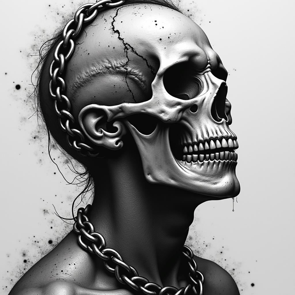 Chain head in horror tattoo style, showcasing haunting and unsettling, dark and gritty textures with skulls, eerie faces, jgged designs, bold and intense shading