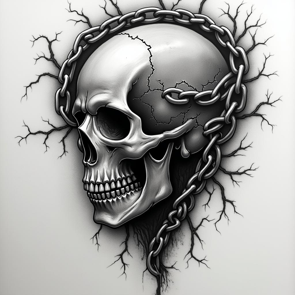 Chain head in horror tattoo style, showcasing haunting and unsettling, dark and gritty textures with skulls, eerie faces, jgged designs, bold and intense shading - Variation 4