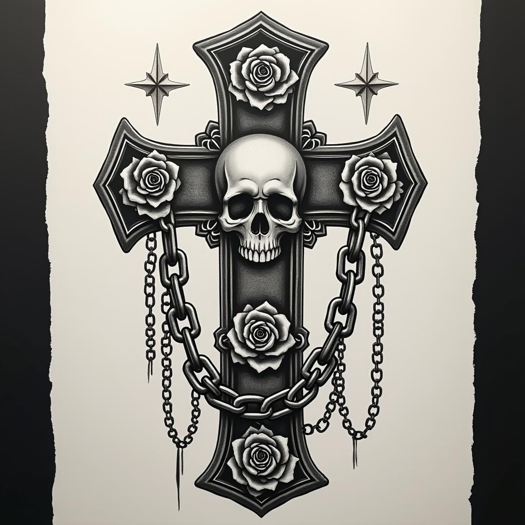 Haikopf with chainsin chicano style tattoo, featuring intricate black and grey shading, bold elements of traditional chicano culture symbols, add a big cross with skull, chains and roses - Variation 1