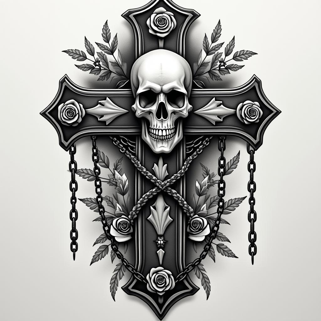 Haikopf with chainsin chicano style tattoo, featuring intricate black and grey shading, bold elements of traditional chicano culture symbols, add a big cross with skull, chains and roses - Variation 4