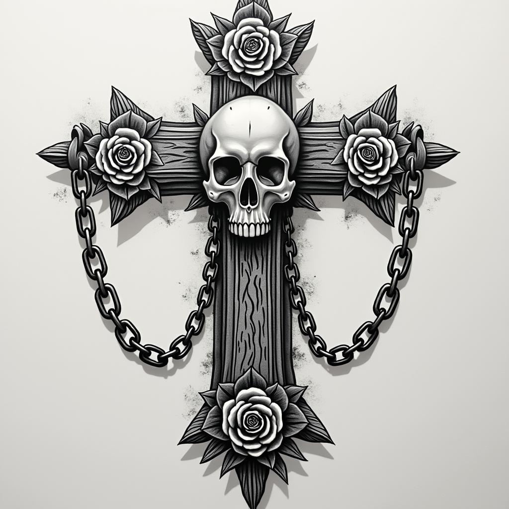 Haikopf with chainsin chicano style tattoo, featuring intricate black and grey shading, bold elements of traditional chicano culture symbols, add a big cross with skull, chains and roses - Variation 2