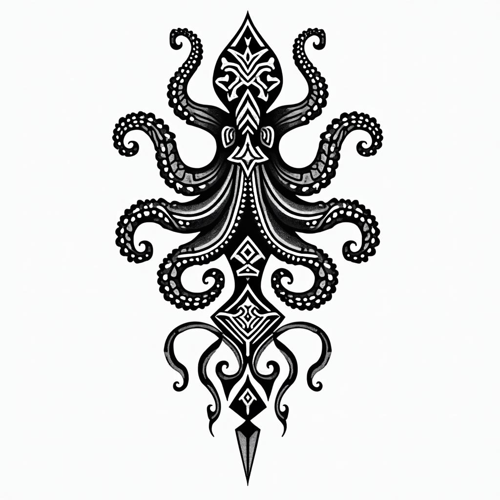 Tribal octopus, compass rose, Mayan godsin tribal tattoo style, featuring bold and black geometric shapes, curved lines, intertwine and flow seamlessly, creating a powerful and symbolic design, polynesian and maori styles - Variation 2