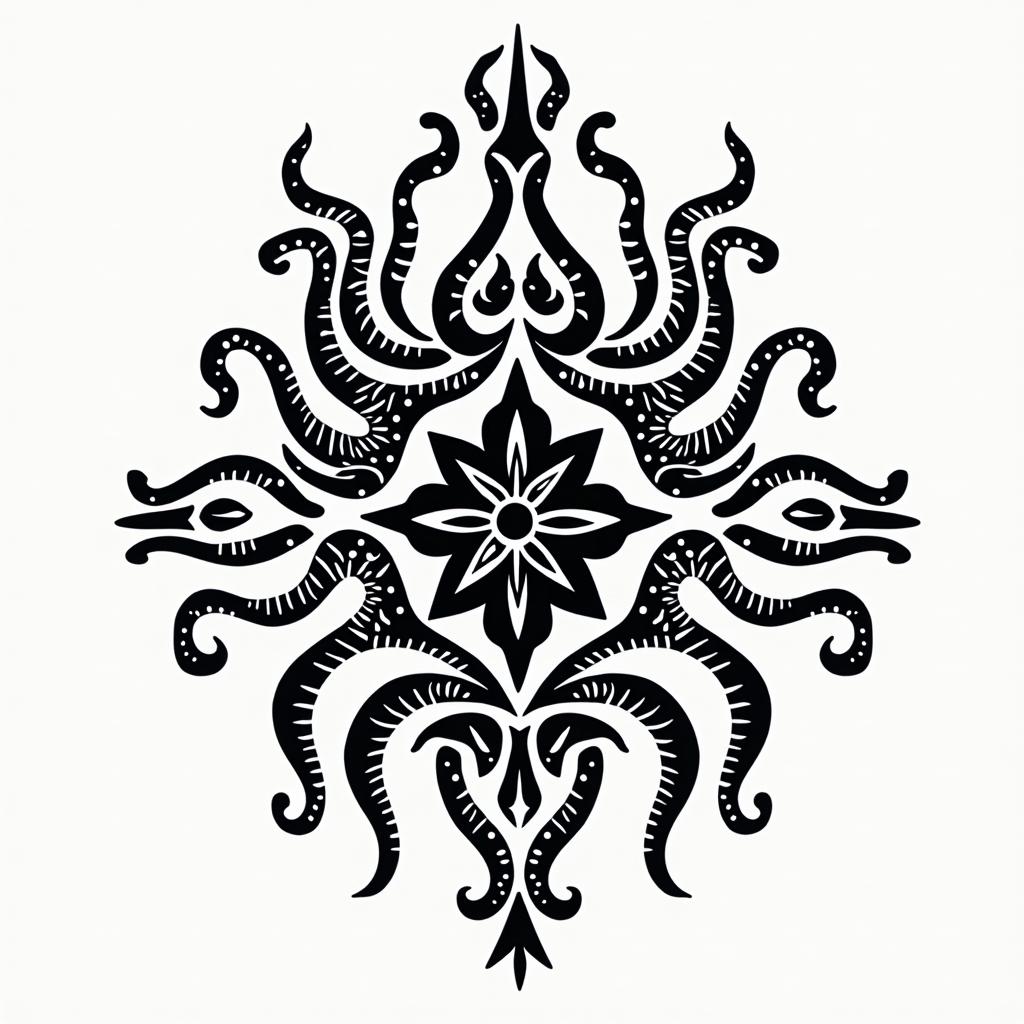 Tribal octopus, compass rose, Mayan godsin tribal tattoo style, featuring bold and black geometric shapes, curved lines, intertwine and flow seamlessly, creating a powerful and symbolic design, polynesian and maori styles