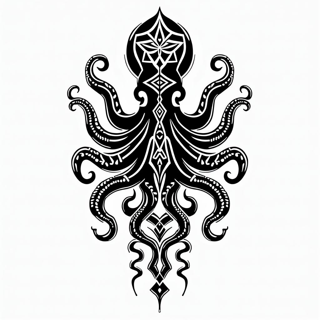 Tribal octopus, compass rose, Mayan godsin tribal tattoo style, featuring bold and black geometric shapes, curved lines, intertwine and flow seamlessly, creating a powerful and symbolic design, polynesian and maori styles - Variation 3