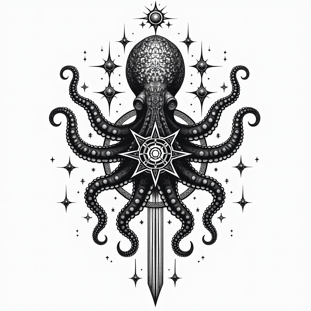 Tribal octopus, compass rose, Mayan godsin prophecy tattoo style, featuring mystical symbols, celestial imagery like stars, moons, suns, geometric patterns, foretelling elements, an eye of wisdom - Variation 5