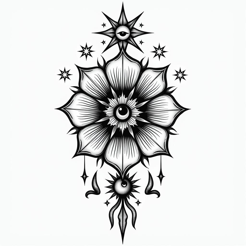 Graphic flowerin prophecy tattoo style, featuring mystical symbols, celestial imagery like stars, moons, suns, geometric patterns, foretelling elements, an eye of wisdom - Variation 2