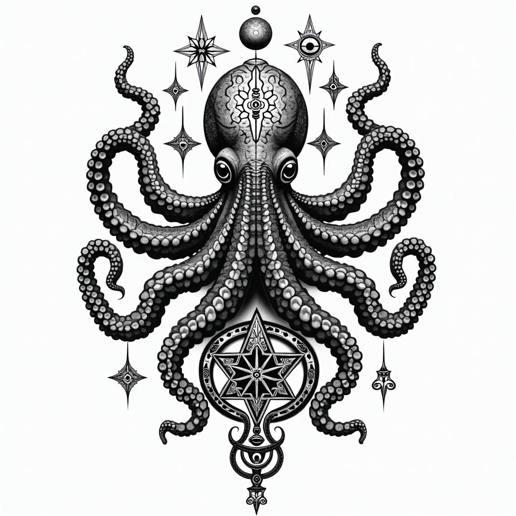 Tribal octopus, compass rose, Mayan godsin prophecy tattoo style, featuring mystical symbols, celestial imagery like stars, moons, suns, geometric patterns, foretelling elements, an eye of wisdom