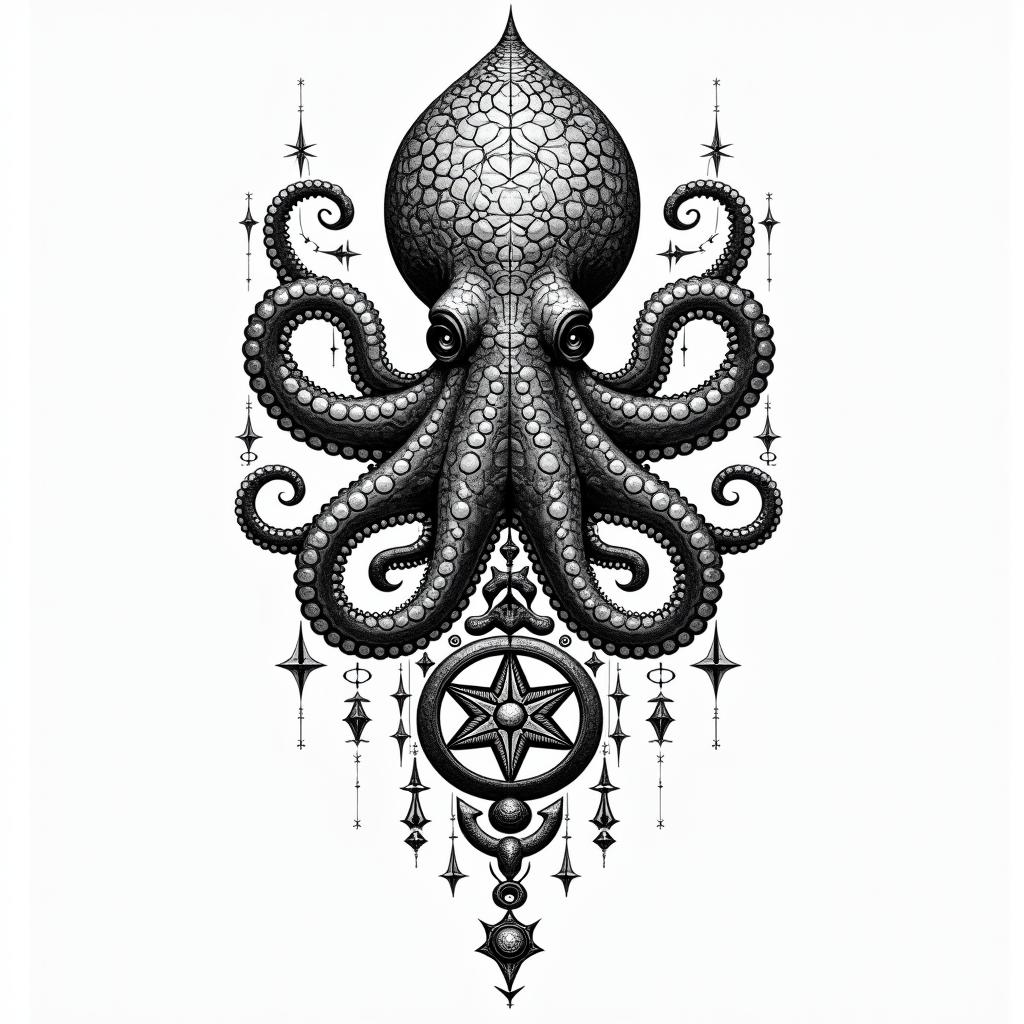 Tribal octopus, compass rose, Mayan godsin prophecy tattoo style, featuring mystical symbols, celestial imagery like stars, moons, suns, geometric patterns, foretelling elements, an eye of wisdom - Variation 2