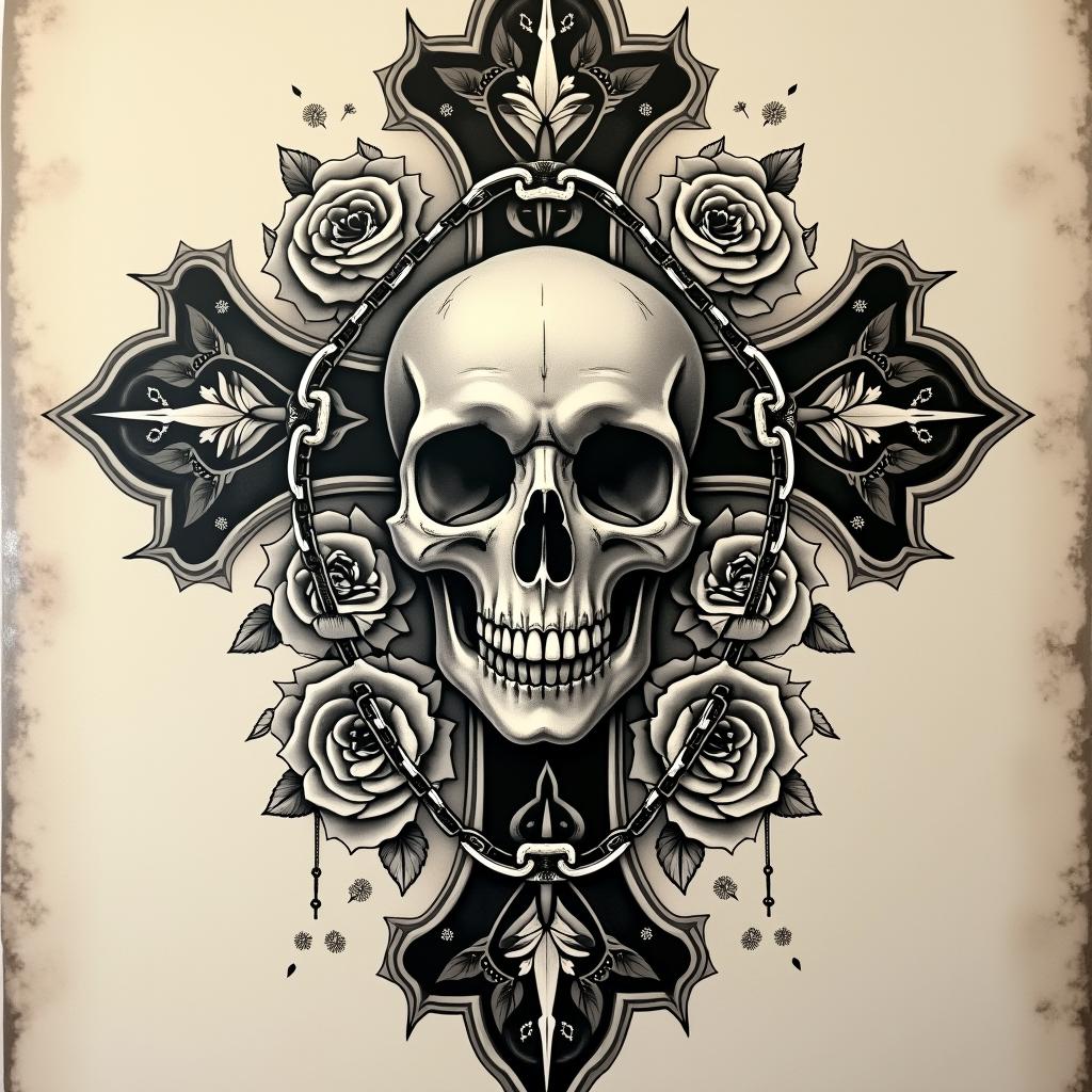 Stark skull chain goldin chicano style tattoo, featuring intricate black and grey shading, bold elements of traditional chicano culture symbols, add a big cross with skull, chains and roses - Variation 3