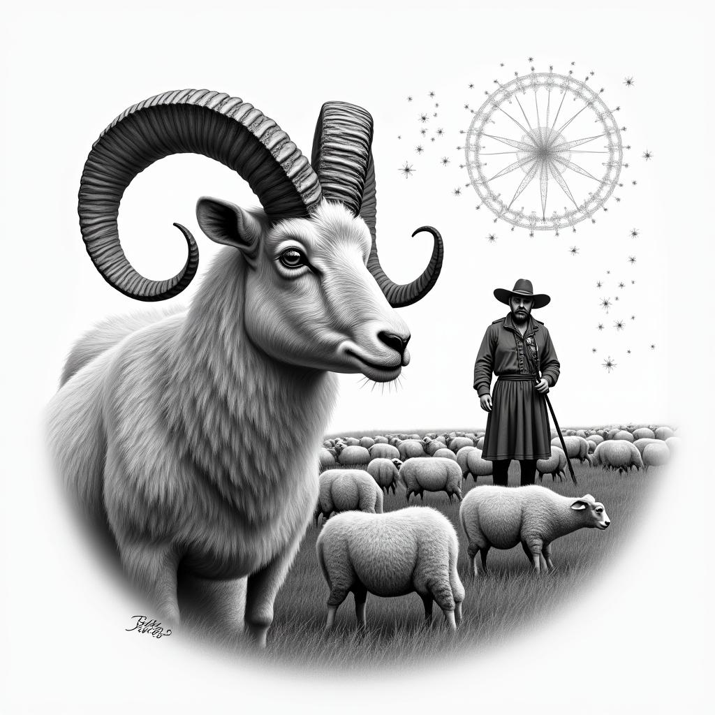 A ram with curled horns in profile in the foreground on the left side. In the background, a shepherd in traditional German clothing and a grazing flock of sheep. In the sky, stars with the constellation Leo.in realism tattoo style, featuring a highly detailed, lifelike, capturing every detail, photorealistic, ultra realistic, intricate shading, smooth and sharp,   - Variation 3