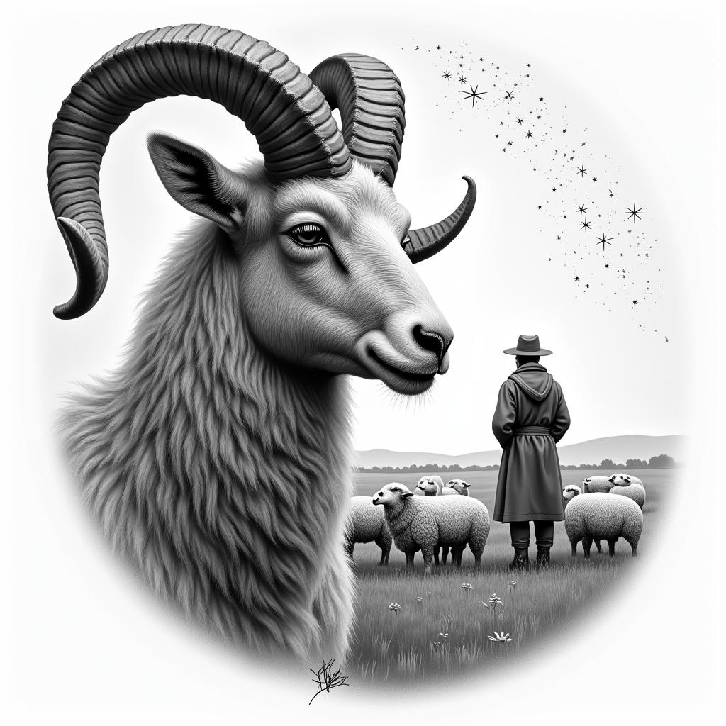 A ram with curled horns in profile in the foreground on the left side. In the background, a shepherd in traditional German clothing and a grazing flock of sheep. In the sky, stars with the constellation Leo.in realism tattoo style, featuring a highly detailed, lifelike, capturing every detail, photorealistic, ultra realistic, intricate shading, smooth and sharp,   - Variation 4