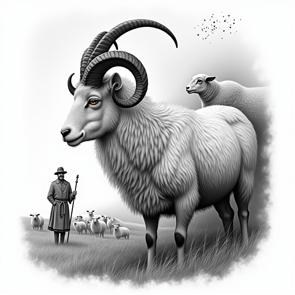 A ram with curled horns in profile in the foreground on the left side. In the background, a shepherd in traditional German clothing and a grazing flock of sheep. In the sky, stars with the constellation Leo.in realism tattoo style, featuring a highly detailed, lifelike, capturing every detail, photorealistic, ultra realistic, intricate shading, smooth and sharp,   - Variation 2