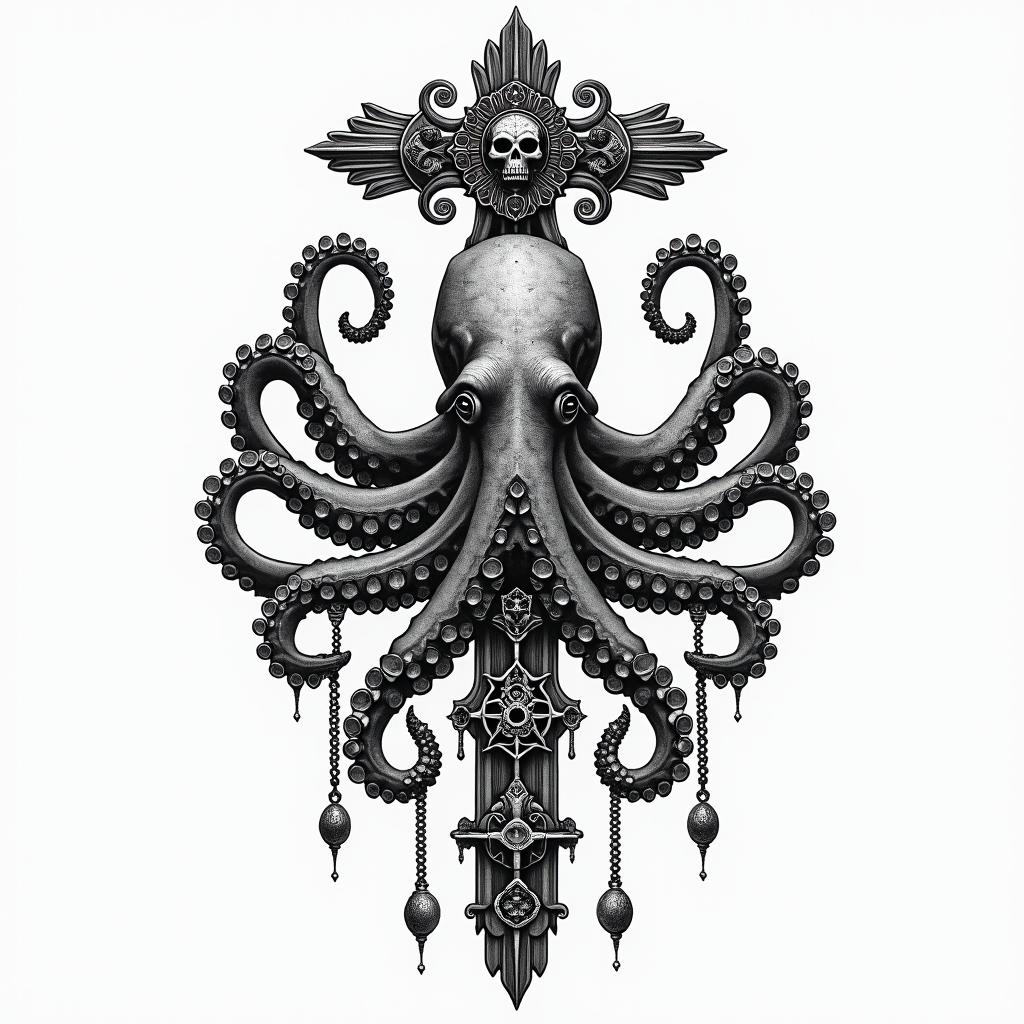 Tribal octopus, compass rose, Mayan godsin chicano style tattoo, featuring intricate black and grey shading, bold elements of traditional chicano culture symbols, add a big cross with skull, chains and roses - Variation 4