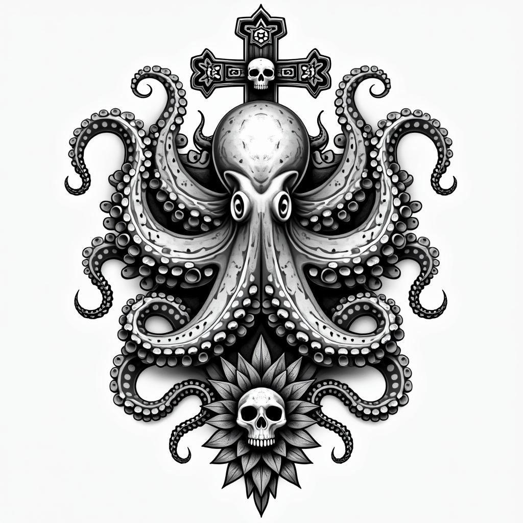 Tribal octopus, compass rose, Mayan godsin chicano style tattoo, featuring intricate black and grey shading, bold elements of traditional chicano culture symbols, add a big cross with skull, chains and roses - Variation 3