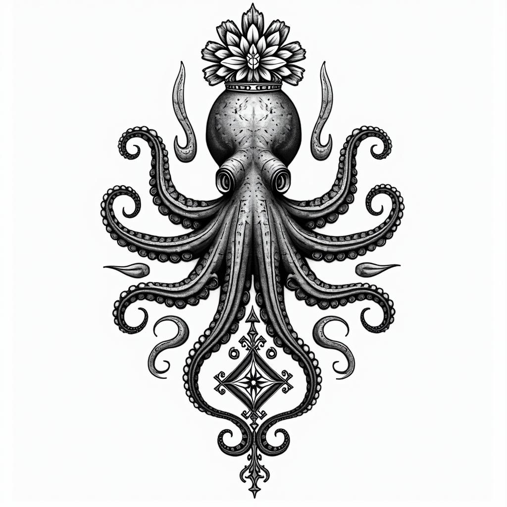Tribal octopus, compass rose, Mayan godsin new school tattoo, pop culture, modern, detailed tattoo, illustrative - Variation 4