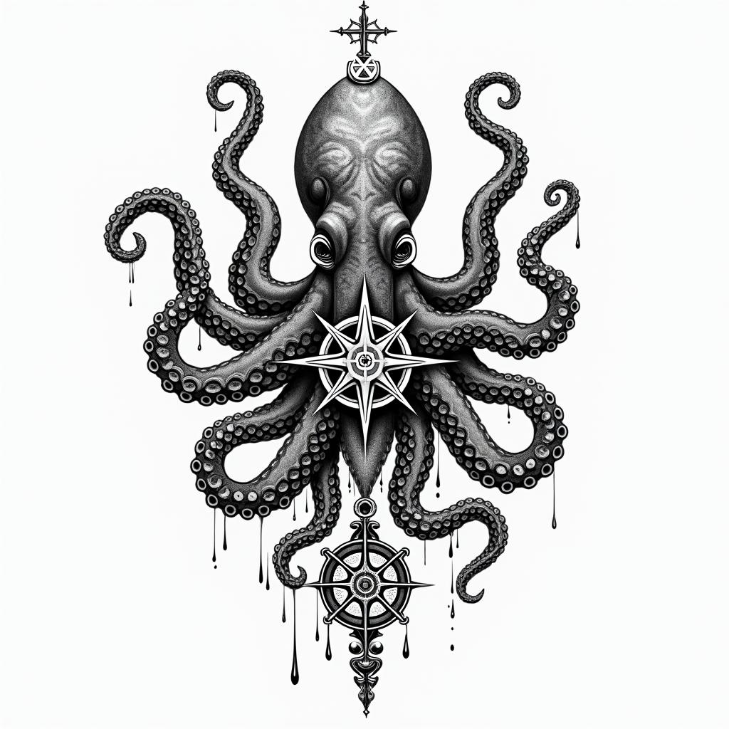 Tribal octopus, compass rose, Mayan godsin new school tattoo, pop culture, modern, detailed tattoo, illustrative - Variation 2