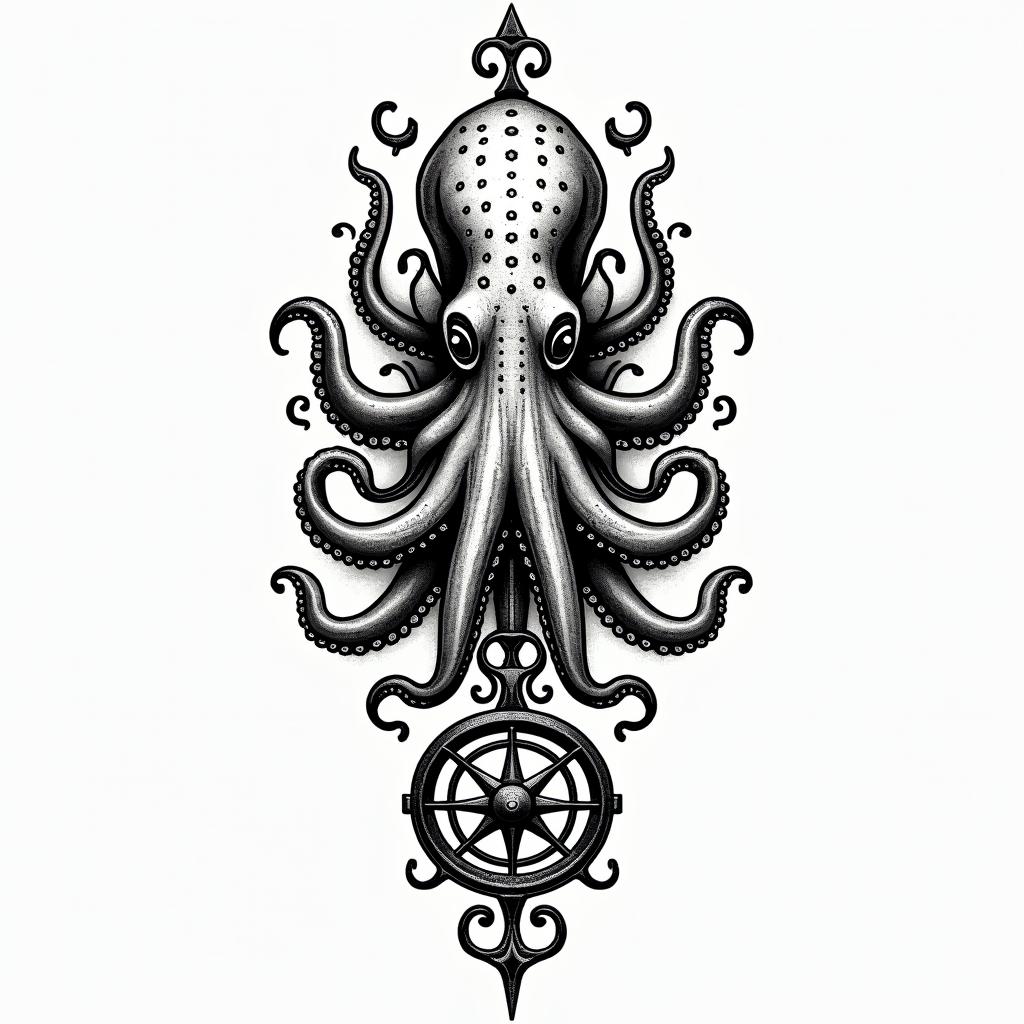Tribal octopus, compass rose, Mayan godsin new school tattoo, pop culture, modern, detailed tattoo, illustrative