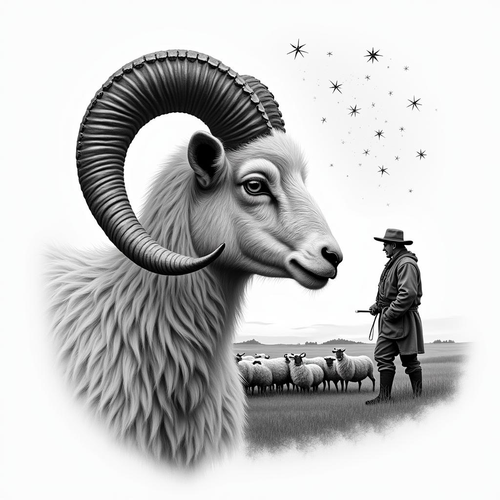 A ram with twisted horns in profile in the foreground on the left side. In the background, a shepherd in traditional German clothing and a grazing flock of sheep. In the sky, stars with the constellation Leo.in portrait tattoo style, featuring a highly realistic and detailed depiction - Variation 4