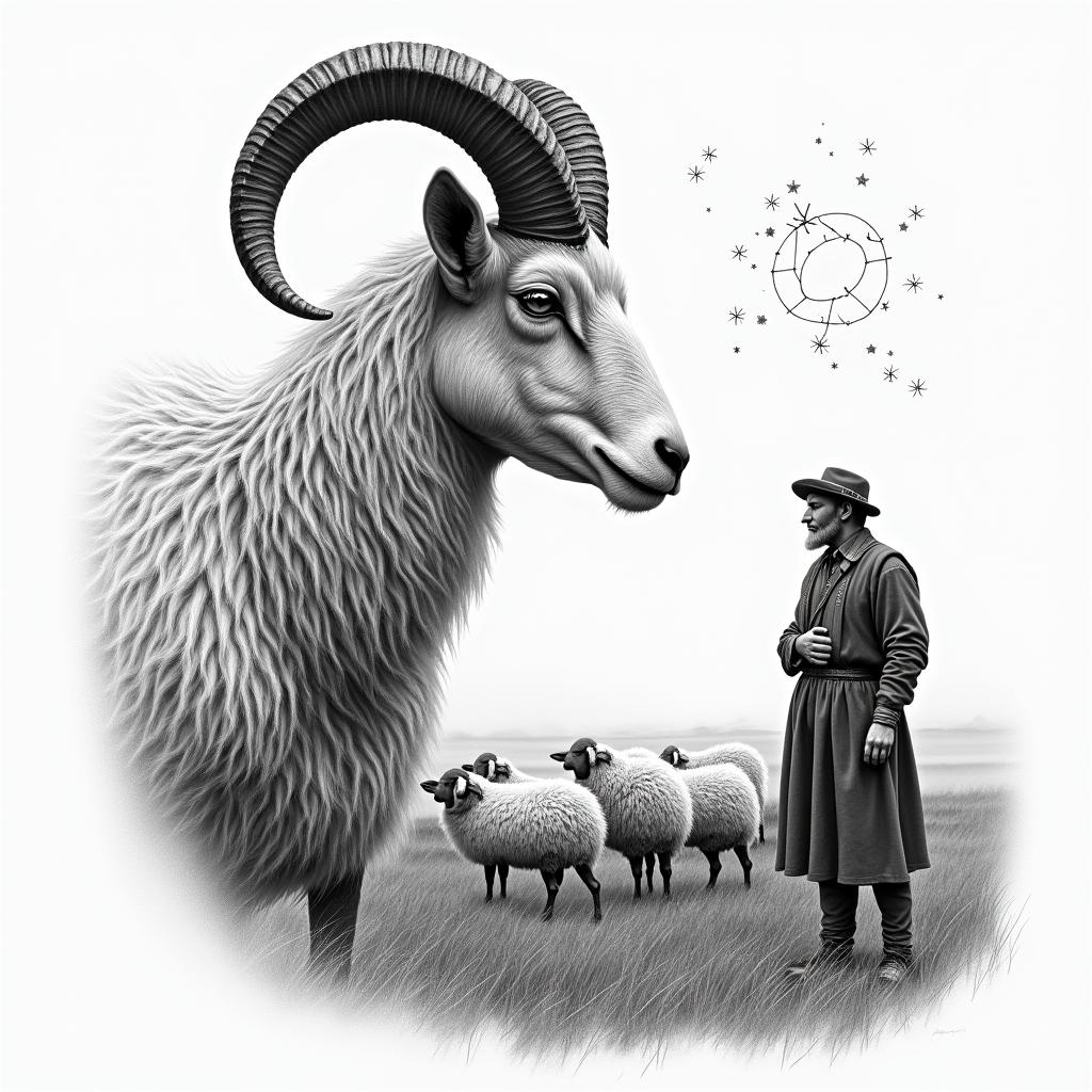 A ram with twisted horns in profile in the foreground on the left side. In the background, a shepherd in traditional German clothing and a grazing flock of sheep. In the sky, stars with the constellation Leo.in portrait tattoo style, featuring a highly realistic and detailed depiction - Variation 2