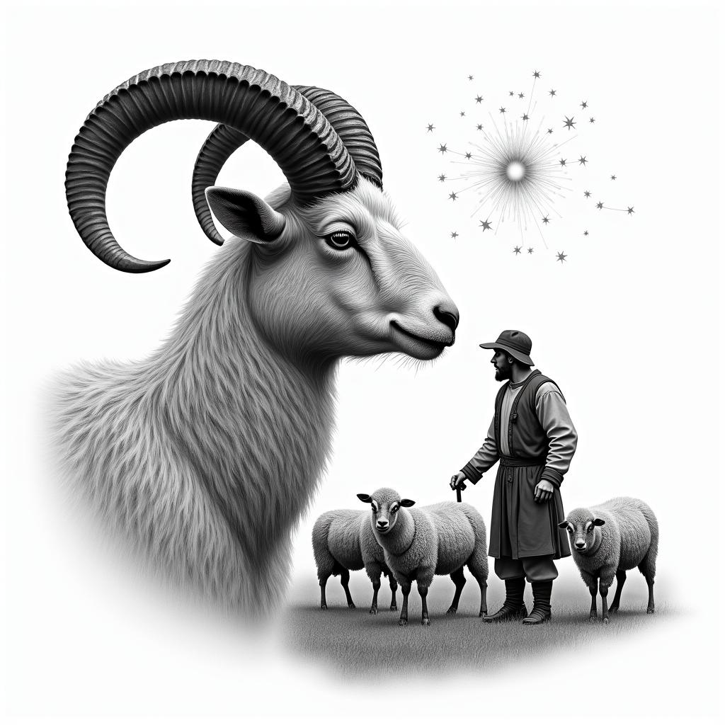 A ram with twisted horns in profile in the foreground on the left side. In the background, a shepherd in traditional German clothing and a grazing flock of sheep. In the sky, stars with the constellation Leo.in portrait tattoo style, featuring a highly realistic and detailed depiction - Variation 3