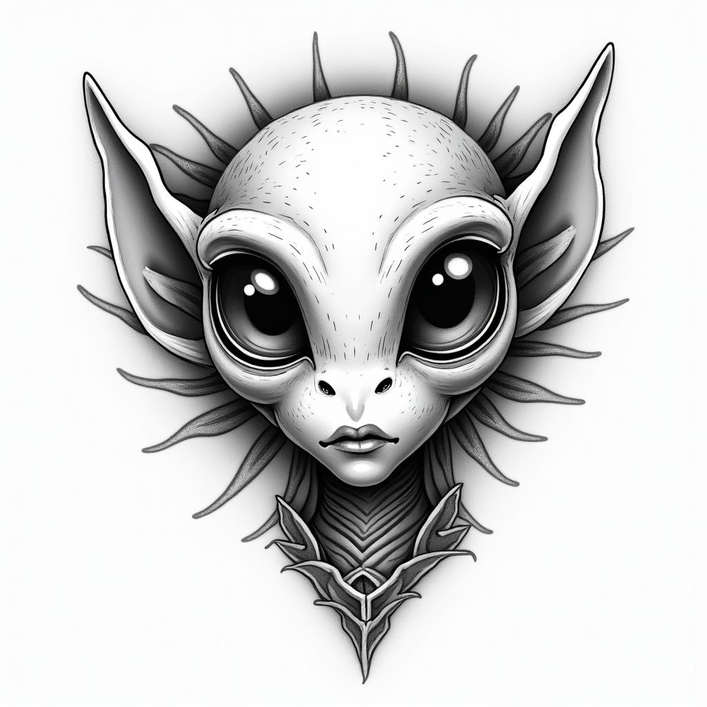 A cute alien facein bohemian style tattoo, 8k - Variation 1