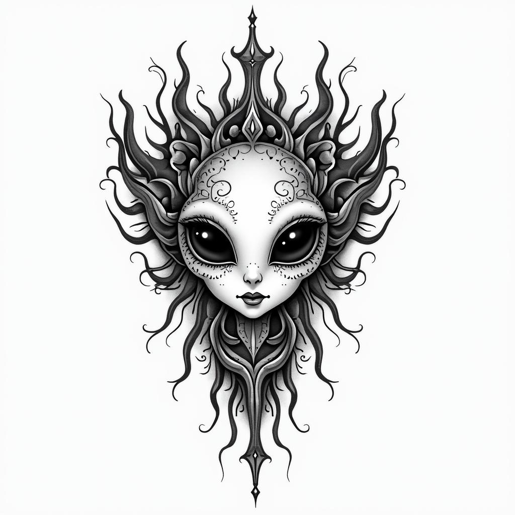 A cute alien facein bohemian style tattoo, 8k - Variation 2
